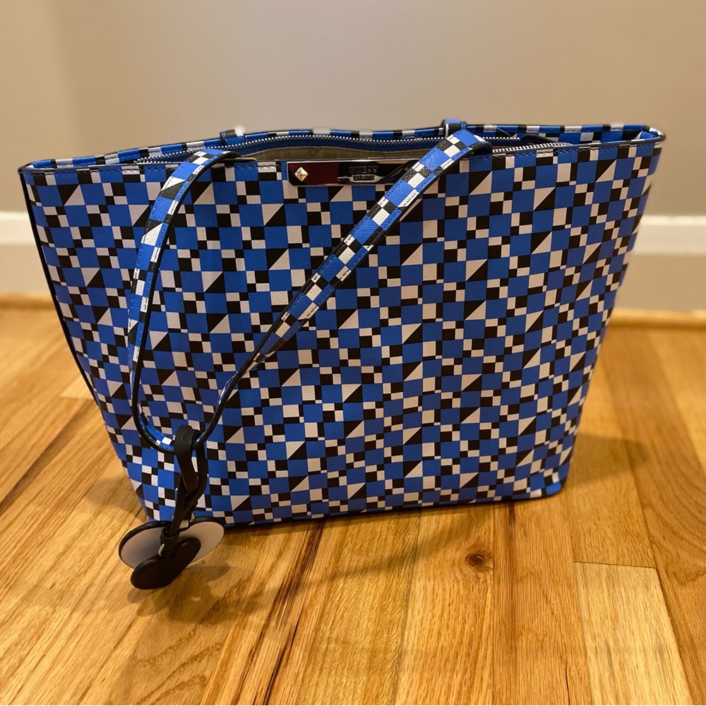 Guess blue, white, black patterned bag.